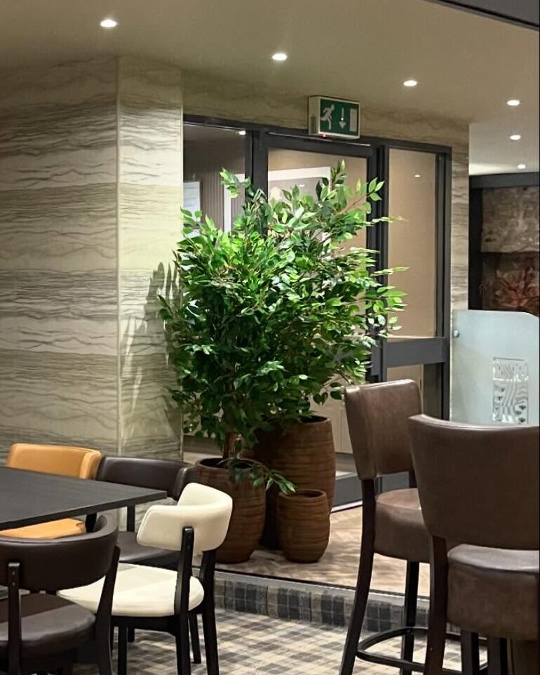 A pillar and wall in a stone-effect paper in a bar restaurant, with a potted tree and bar stools